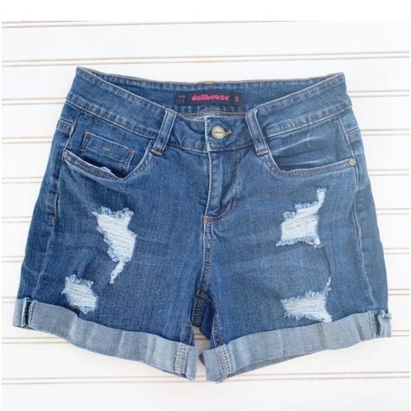 Dollhouse Blue Jean Shorts Distressed Cuffed - Picture 1 of 7